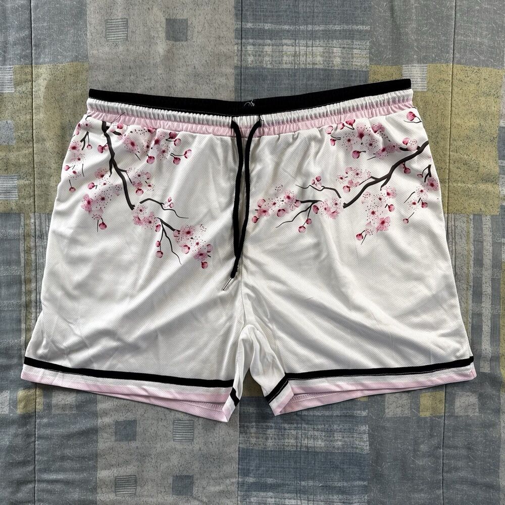 Unbranded White Pink Flower Tree Print Stretch Athletic Men's Shorts